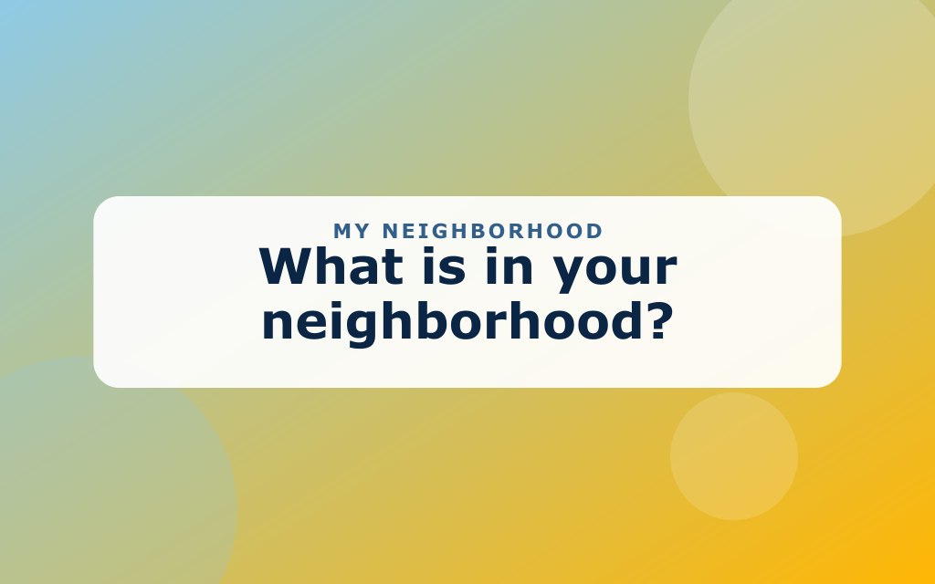 Cartoon neighborhood with houses, yards, a street, and a mailbox
