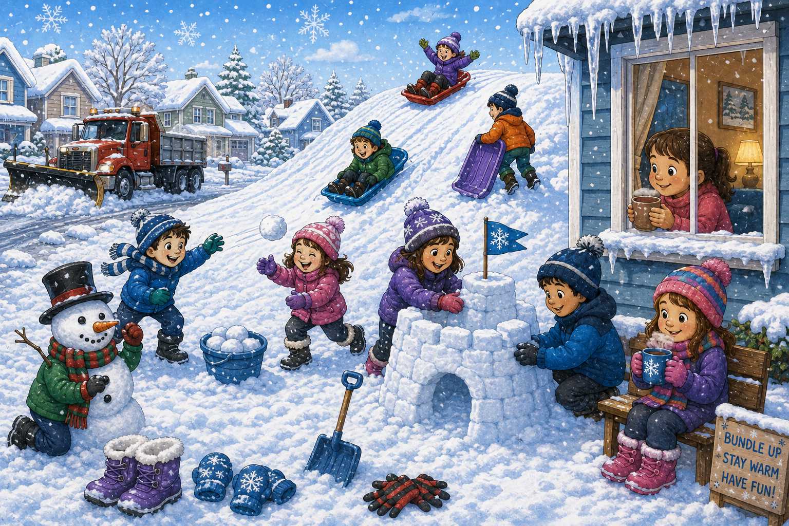 Cartoon snow day with a snowman, sled, and snowball fight