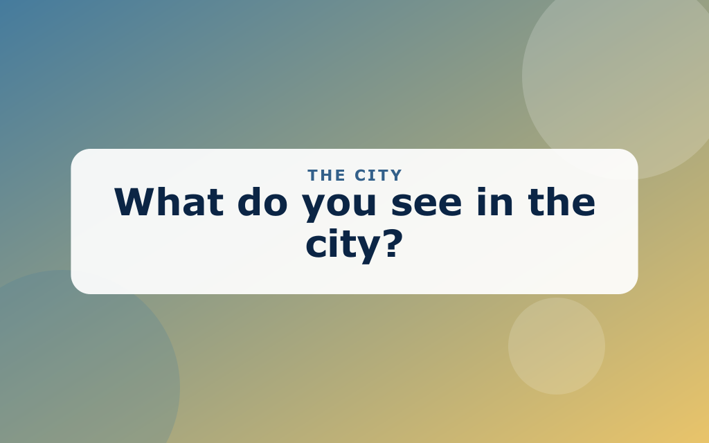 Cartoon city with skyscrapers, a taxi, a bus, and a crosswalk