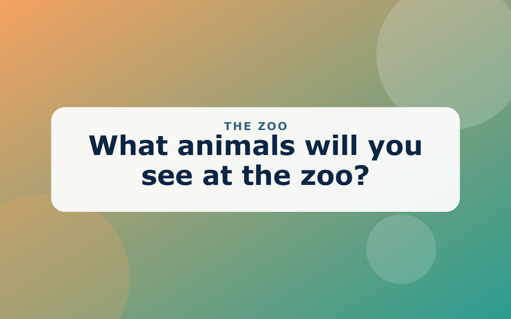 Cartoon zoo with a lion, giraffe, elephant, zebra, and monkey